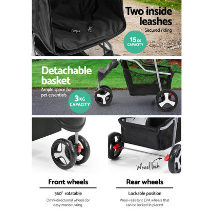 Cat stroller features with text on a white background