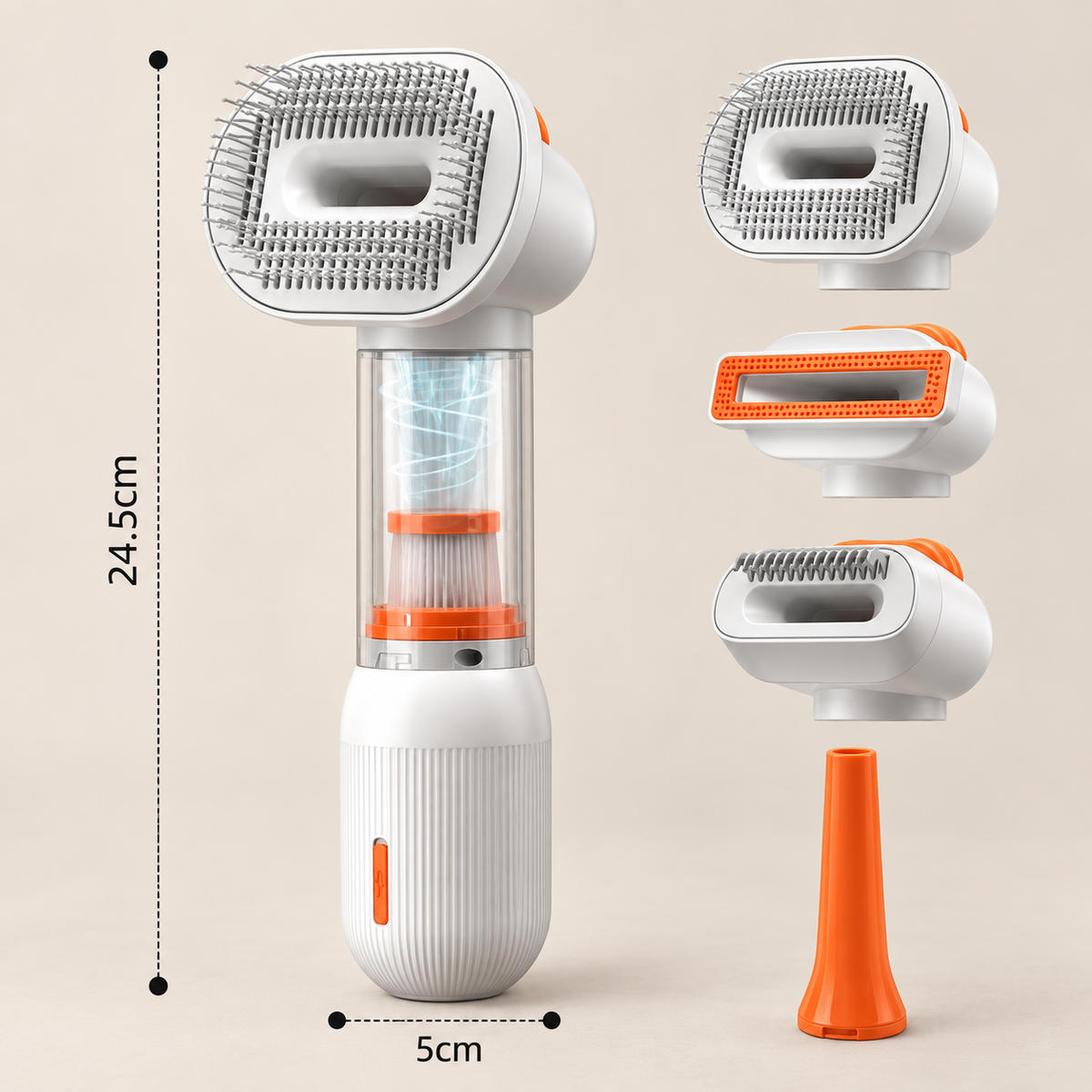 A handheld grooming brush with interchangeable heads and an orange cone attachment, shown on a light beige background with dimension labels indicating 24.5 cm height and 5 cm width.