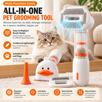 A multi-function pet grooming tool set shown with a cat in the background, featuring a tall vacuum-style brush holder, a white grooming brush, a duck-shaped head, an orange cone attachment, and feature callouts on a light beige floor and wall.