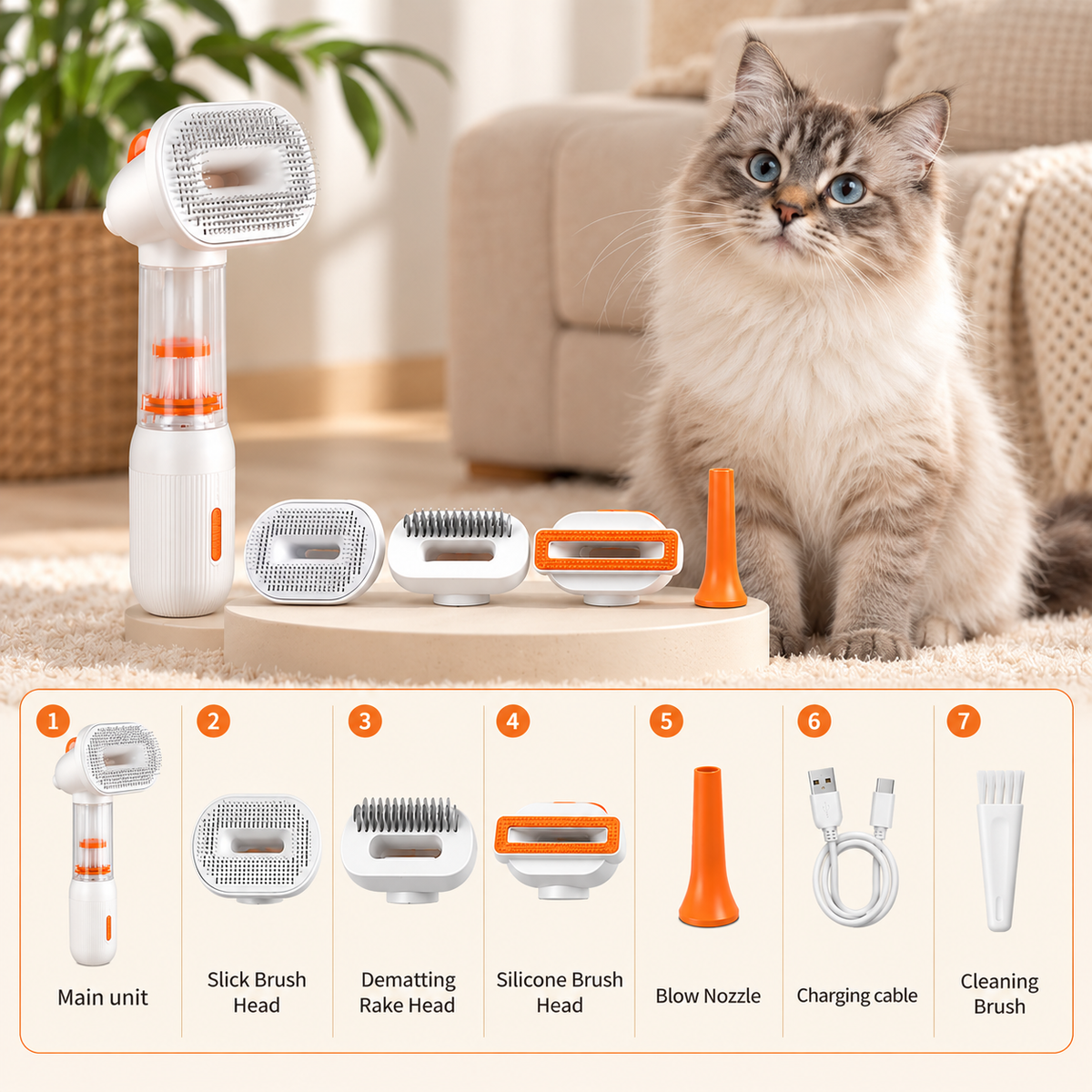 A pet grooming vacuum and brush attachment set displayed on a beige rug in a living room, with a fluffy cat sitting beside it. The set includes a white and orange handheld unit, several brush heads, a small orange nozzle, a charging cable, and a cleaning brush, with a numbered accessory diagram shown at the bottom.