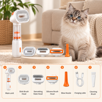 A pet grooming vacuum and brush attachment set displayed on a beige rug in a living room, with a fluffy cat sitting beside it. The set includes a white and orange handheld unit, several brush heads, a small orange nozzle, a charging cable, and a cleaning brush, with a numbered accessory diagram shown at the bottom.