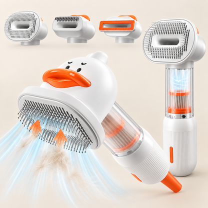 A white and orange duck-shaped handheld pet grooming vacuum cleaner with multiple attachment heads shown above it, plus blue airflow effects and hair debris being captured. No person, animal, or real environment is present, so this is Product/Packaging rather than Lifestyle.