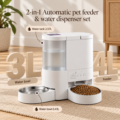 2 in 1 cat feeder showing 3L capacity for water and 4L for biscuits. Background is a living room setting