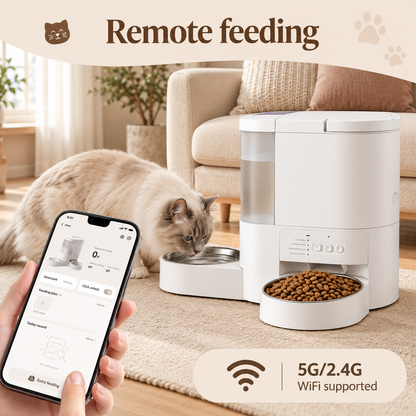 Cat drinking from a 2 in 1 pet feeder and a human hand holding a phone showing the app, with the text Remote Feeding
