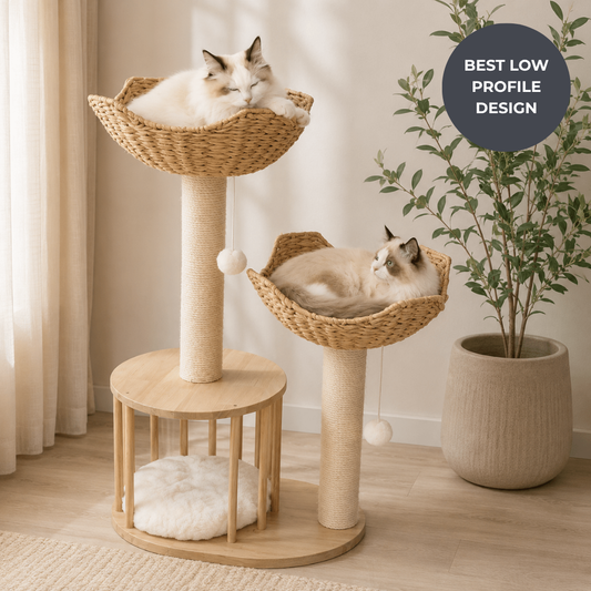 A wooden and wicker cat tree with two nesting baskets, sisal-wrapped posts, a round platform, and a plush cushion, shown in a bright room with two cats resting inside the baskets. A dark gray badge in the top right reads 'BEST LOW PROFILE DESIGN'.