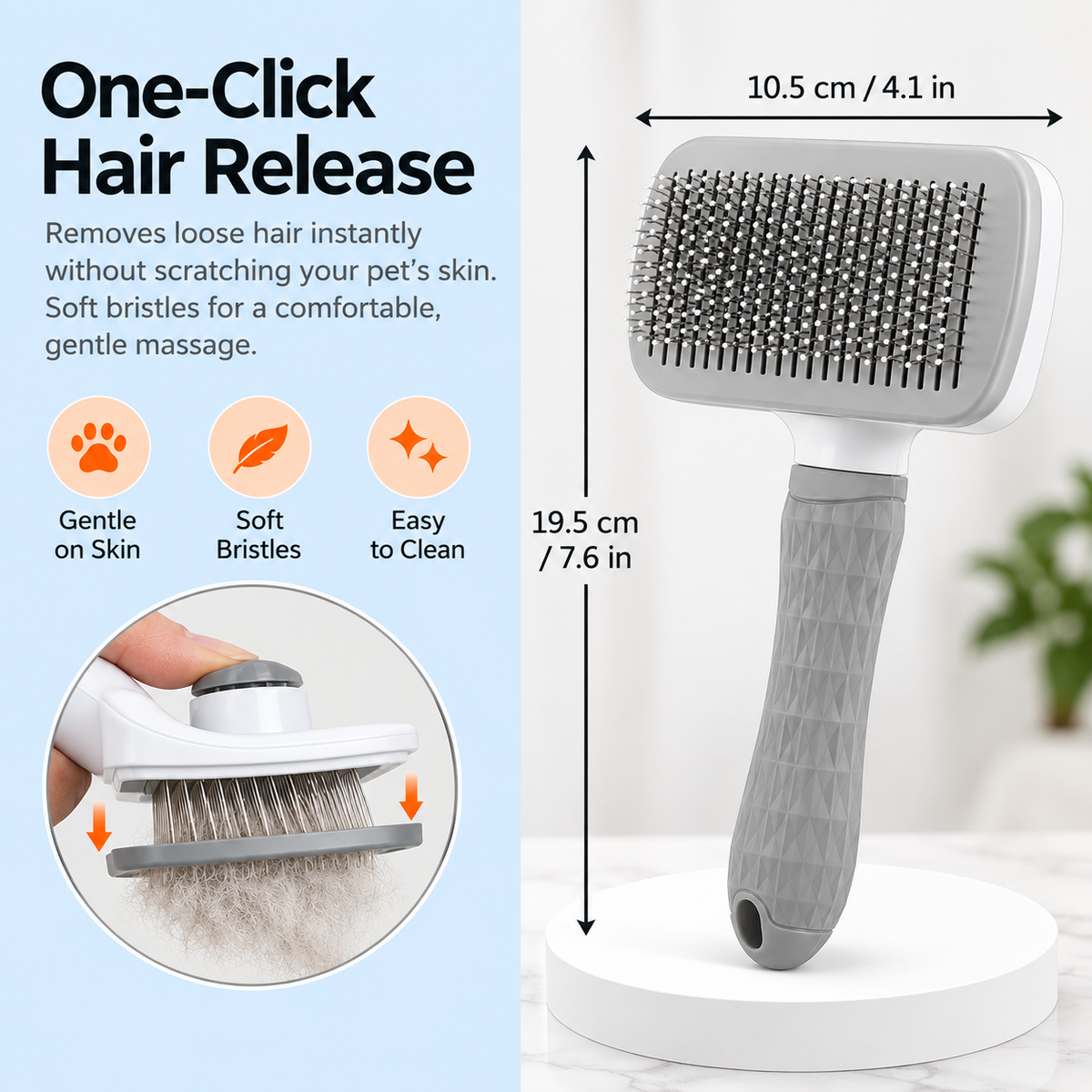 A pet grooming brush shown on a white pedestal with overlaid dimensions (10.5 cm width and 19.5cm height)