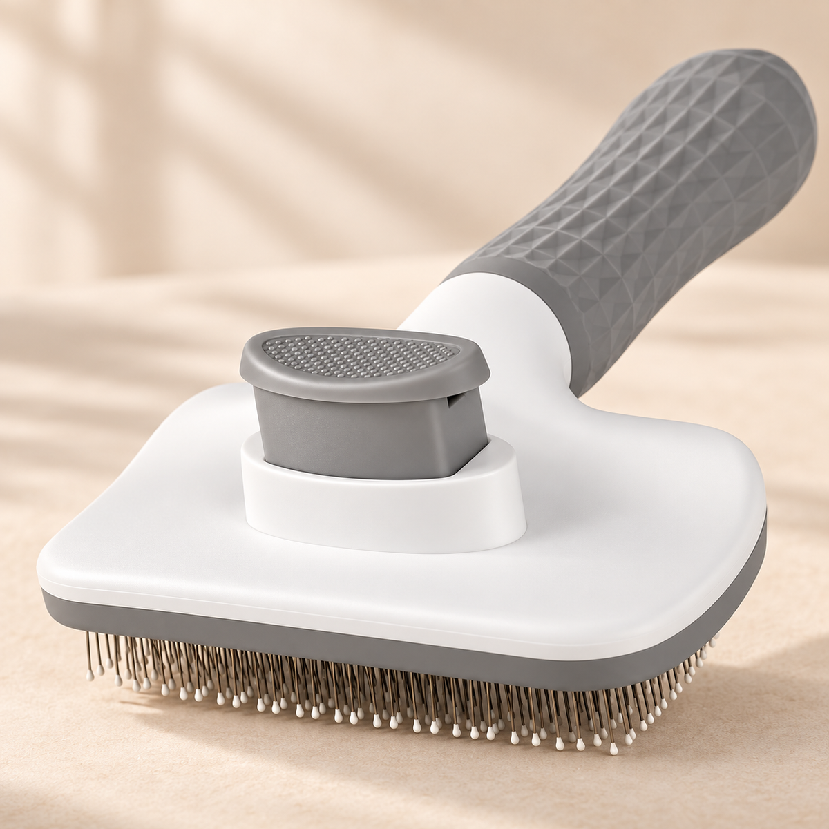A pet grooming brush with a white and gray plastic body, a textured gray handle, and metal bristles, shown on a soft beige background.