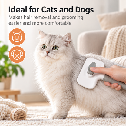 A fluffy light gray cat sits on a beige carpet in a living room while a hand uses a white pet grooming brush on its back. Text at the top reads 'Ideal for Cats and Dogs' with orange icons for cats and dogs.