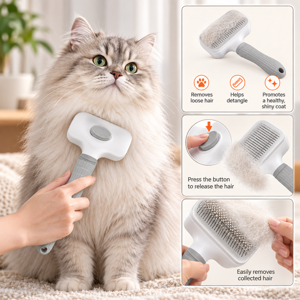 A fluffy gray-and-white cat sits on a beige carpet while a hand uses a white and gray pet grooming brush on its fur. The left side shows the product in use, and the right side has three inset diagrams explaining features: removing loose hair, promoting a shiny coat, and easily collecting hair.