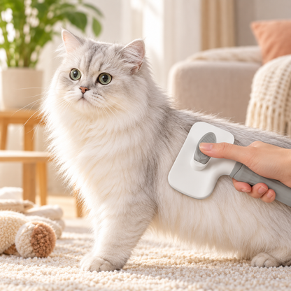A fluffy silver-gray cat stands on a cream carpet in a bright living room while a human hand uses a white and gray pet grooming brush on its back. A plant, sofa, and cushion are softly blurred in the background.