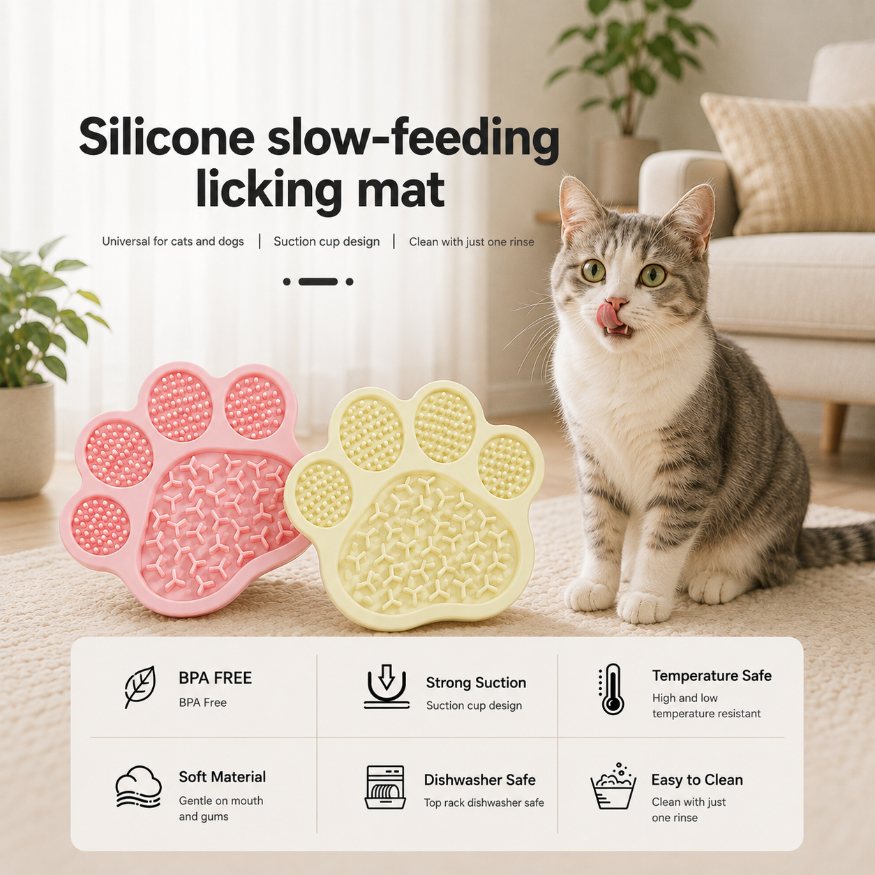 Two silicone slow-feeding licking mats, one pink and one pale yellow, displayed on a carpet in a living room setting next to a gray and white tabby cat. The image includes marketing text and a feature summary at the bottom.