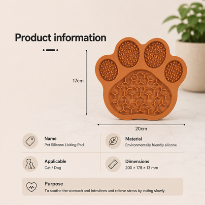 An informational product graphic showing a pet silicone licking pad shaped like a paw print. The pad is displayed on a light beige surface with dimension lines indicating 20 cm by 17 cm, alongside text listing product details: name, material, applicable pet, and purpose.