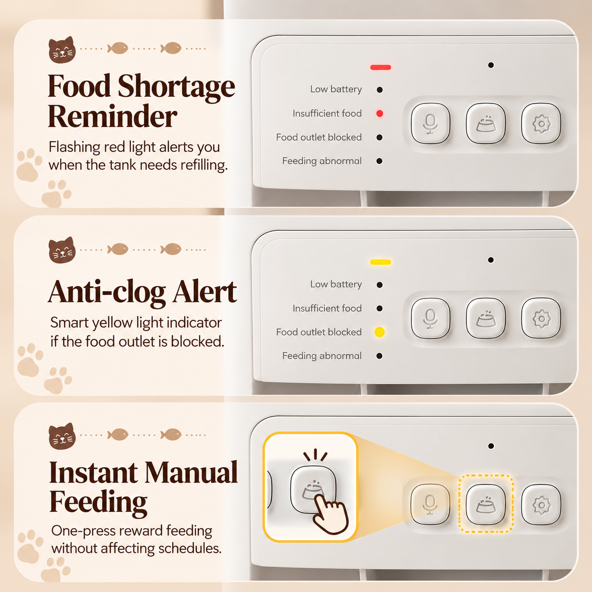 Written features including food storage reminder, anti-clog alert and instant manual feeding