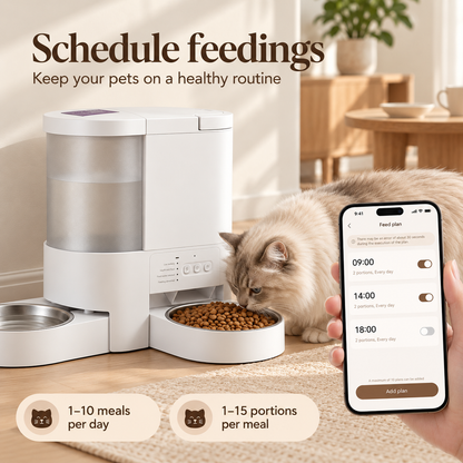 Cat eating from a 2 in 1 pet feeder with hand showing app screen with feeding plan. 