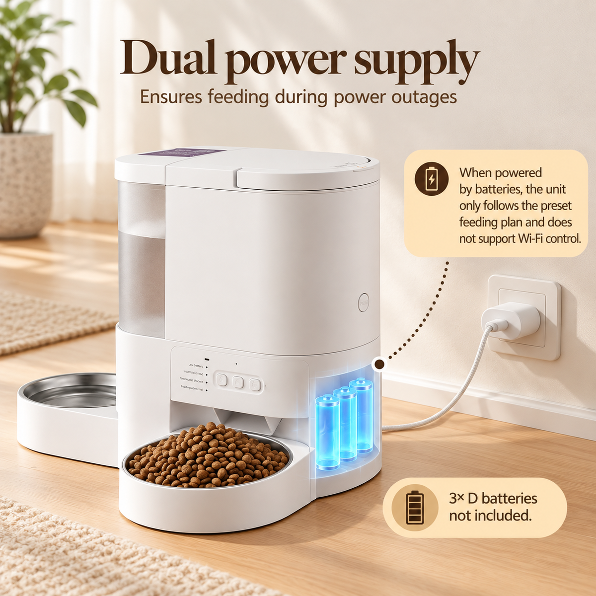 2 in 1 cat feeder showing where 3 x D batteries can be installed. Batteries not included.