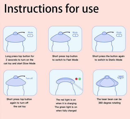 Instructions for use of a cat toy with mode buttons and light indicators on a pink background.