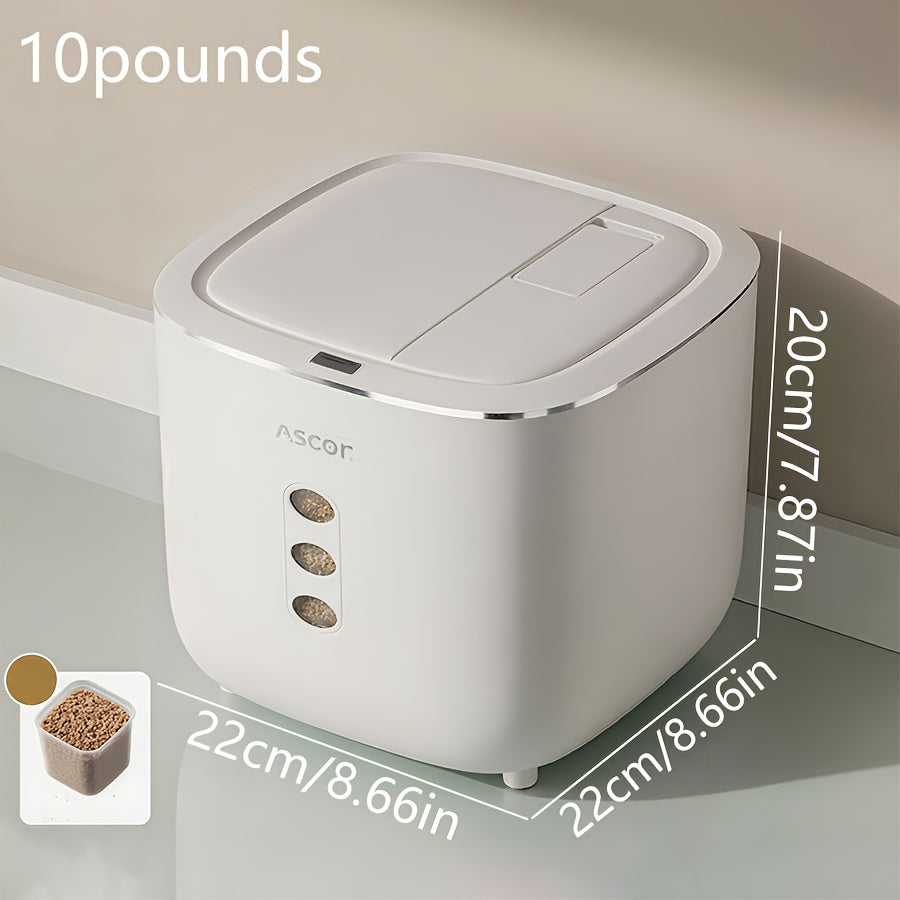 White pet food container with dimensions and capacity details on a neutral background