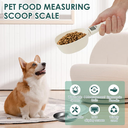 Pet food measuring scoop scale with a dog and a person in a living room setting.