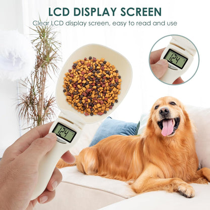 Digital pet feeder with LCD display screen, showing a bowl of dog food and a happy dog in the background.