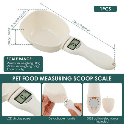 Cat food measuring scoop scale with dimensions and features on a white background