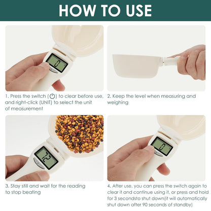 Instructions on how to use a digital  cat food measuring tool with text overlay.