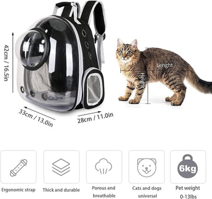 Pet backpack carrier with a cat, measurements, and features on a white background