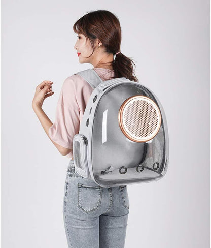 Person wearing a space capsule transparent cat backpack with a honeycomb design on a plain background