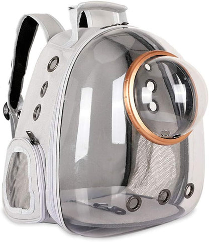 Clear cat backpack with a circular mesh window on a white background