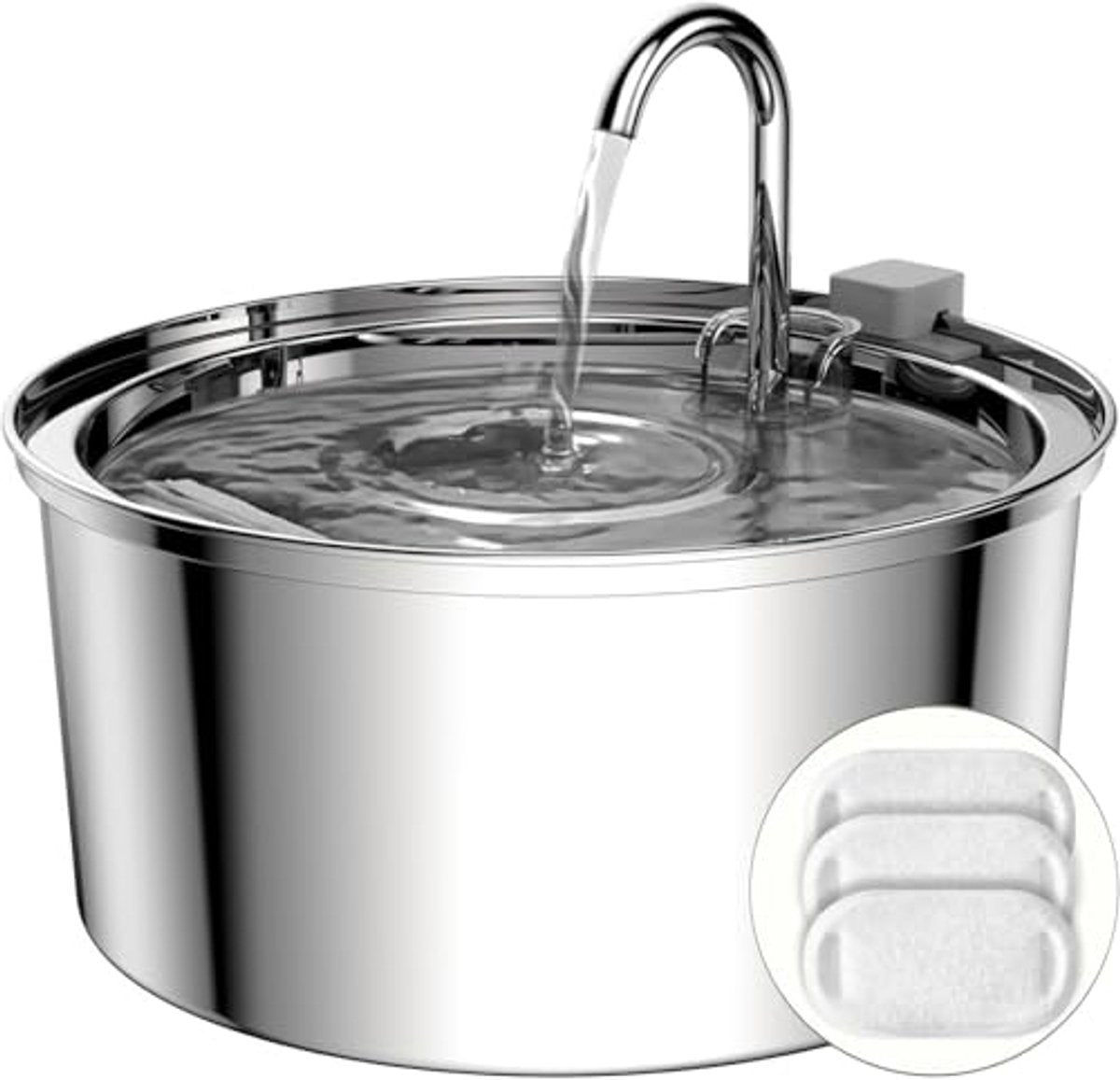 Stainless steel pet water fountain with clear water flowing, inset showing three filter cartridges.
