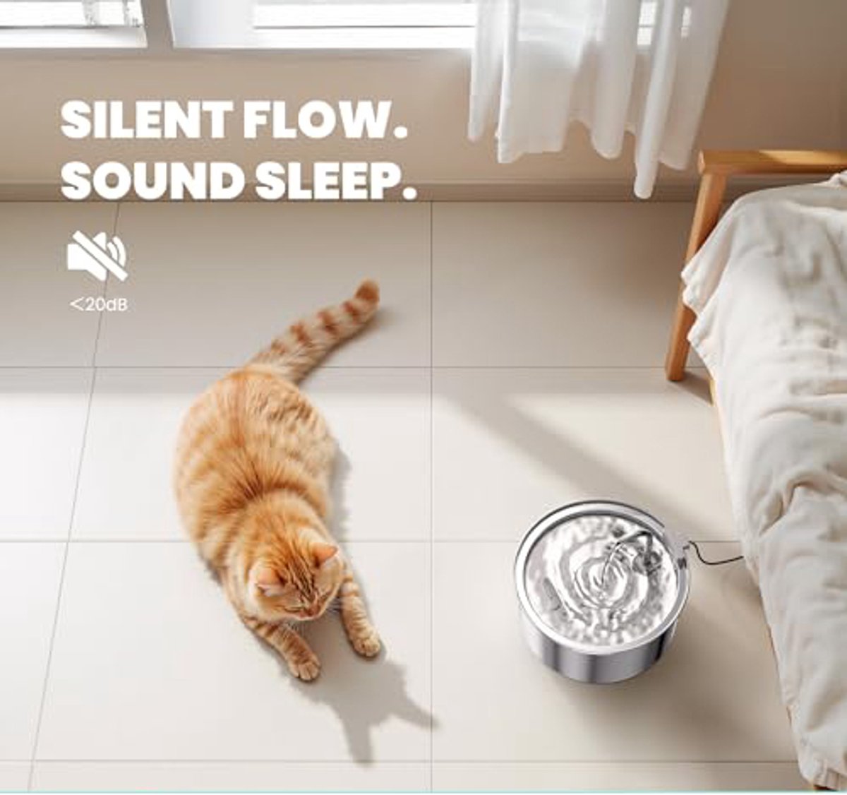 Cat next to a stainless steel water fountain on a tiled floor with 'Silent Flow. Sound Sleep.' text.