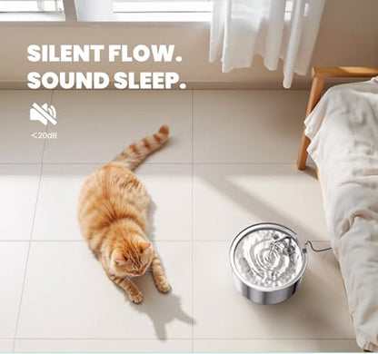 Cat next to a stainless steel water fountain on a tiled floor with 'Silent Flow. Sound Sleep.' text.