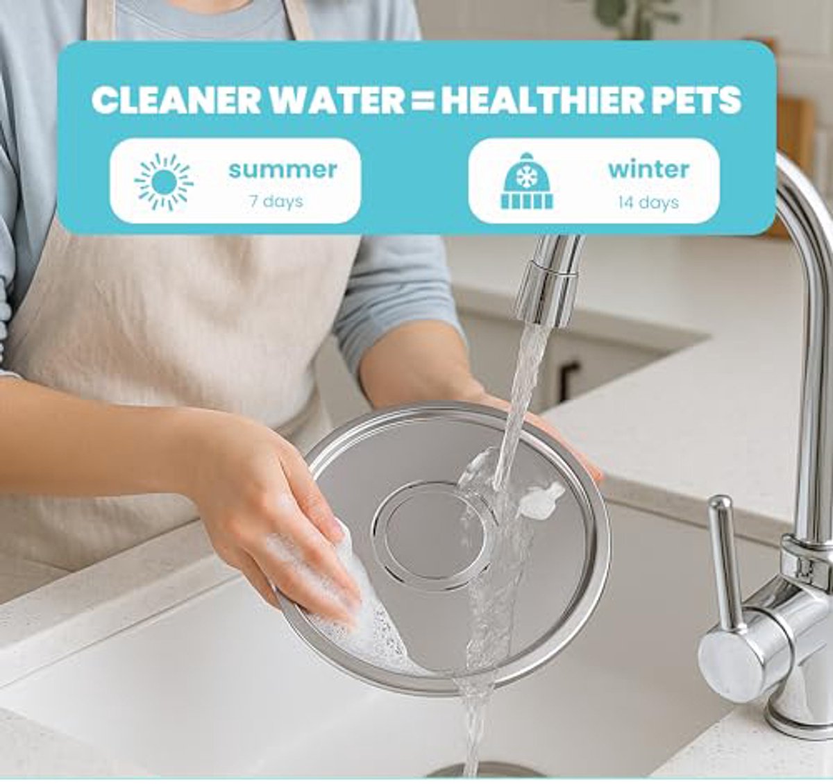 Person washing a stainless steel lid under running water with text about cleaner water and healthier pets.
