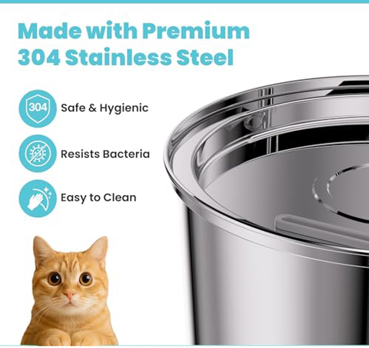 Stainless steel cat bowl with a cat and text highlighting features like safety, hygiene, and ease of cleaning.