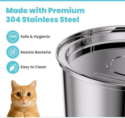 Stainless steel cat bowl with a cat and text highlighting features like safety, hygiene, and ease of cleaning.