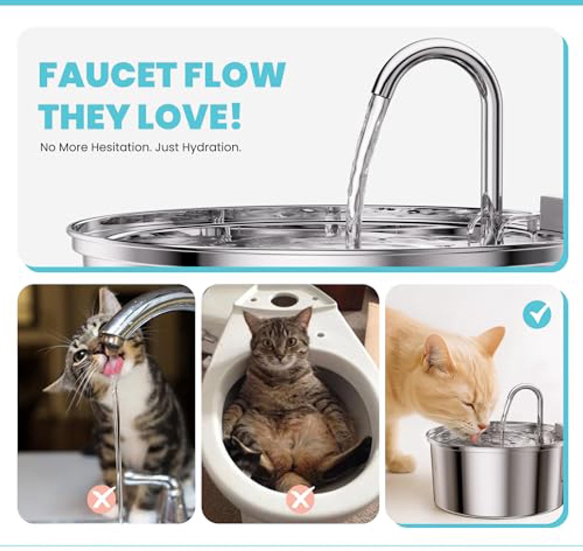 Pet water fountain with cats using it, labeled 'Faucet Flow They Love!'.