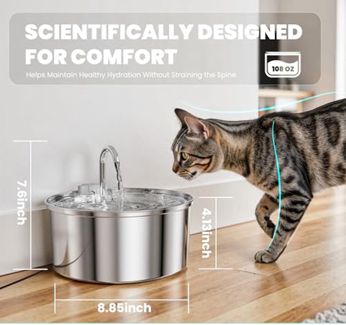 Cat drinking water from a stainless steel pet fountain with dimensions displayed.