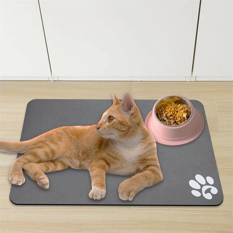 Super Absorbent Non-Slip Pet Feeding Mat with Paw Print Design for Dog and Cat Bowls, Easy-Clean Floor Protector, Brown, 61 x 43 cm