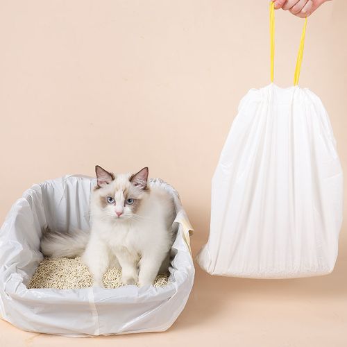 Cat sitting inside a portable litter box with a hand holding a white garbage bag with drawstring on a beige background