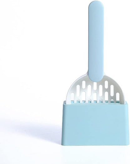 Light blue pet scoop with a white center on a white background