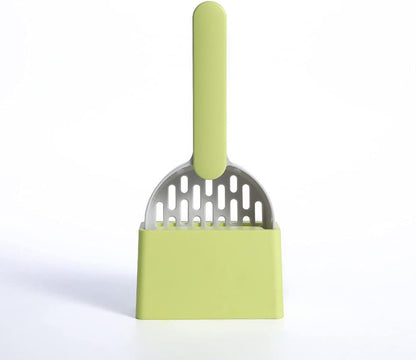 Green pet litter scoop with a holder on a white background