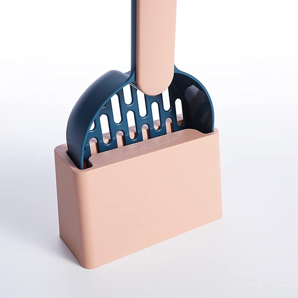 Blue and beige pet litter scoop and beige holder on a light grey background