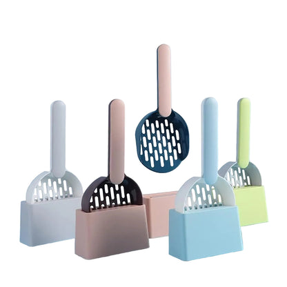Range of colourful pet litter scoops with stands on a blue background