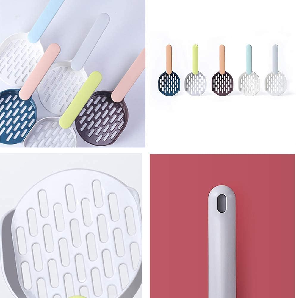 Set of colorful cat litter scoops with different designs on a white background.