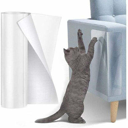 Cat scratching at a light blue chair protected by protective film. Roll of protective clear film also in the image