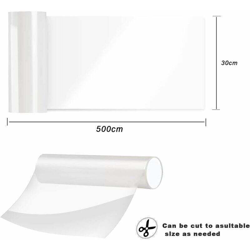 Roll of clear sticky film with dimensions and cut-to-size option on a white background