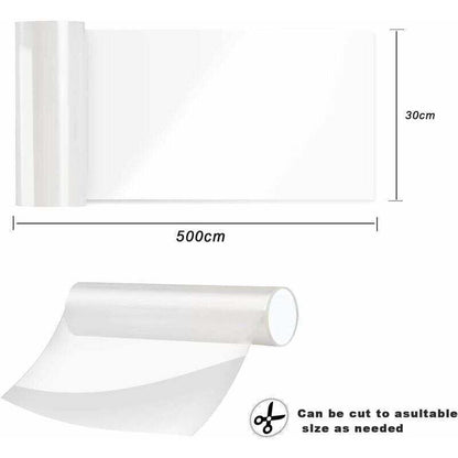 Roll of clear sticky film with dimensions and cut-to-size option on a white background