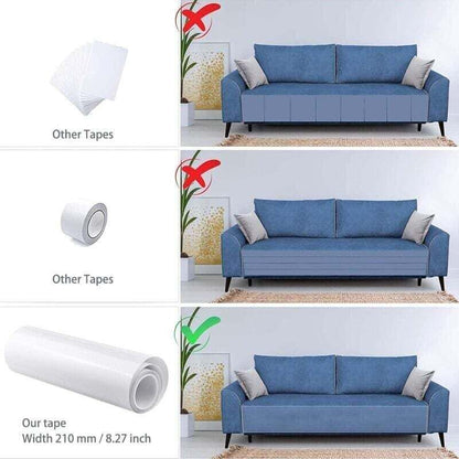 Blue sofa with tape application demonstration on a white background
