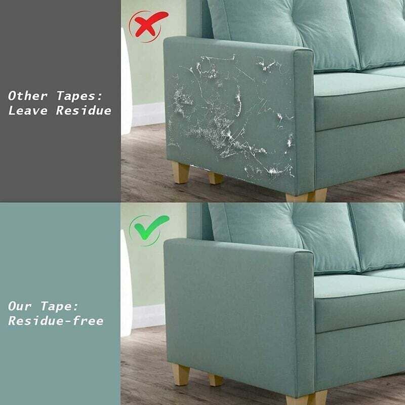 Comparison of residue-left and residue-free tapes on a green sofa.
