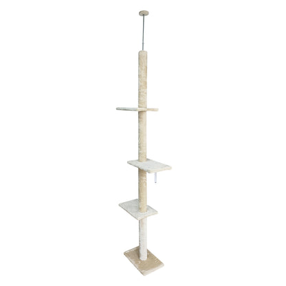 Cat tree with multiple levels and a scratching post on a white background