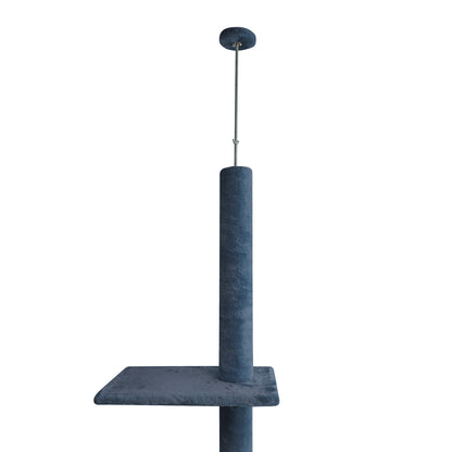 Grey cat tree with a cylindrical perch and square platform on a white background